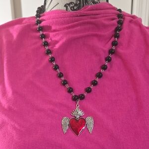 Heart Pendant Necklace with Black Beads